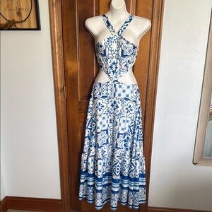 Blue and White Halter Maxi Dress